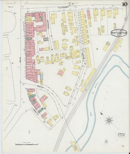 Sanborn Fire Insurance Map from Northampton, Hampshire County, Massachusetts (1895), Sheet #0010 - Historic Sanborn Fire Insurance Map Print, vintage old map wall art, antique decor, genealogy gift, Massachusetts Massachusetts map