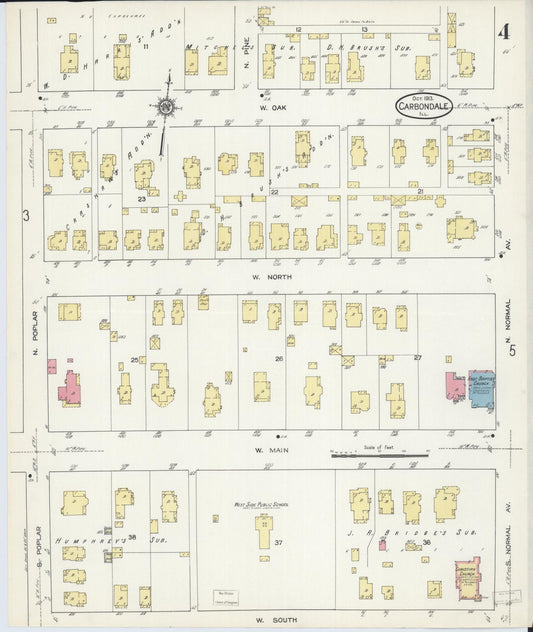 Sanborn Fire Insurance Map from Carbondale, Jackson County, Illinois (1913), Sheet #0004 - Historic Sanborn Fire Insurance Map Print, vintage old map wall art, antique decor, genealogy gift, Illinois Illinois map