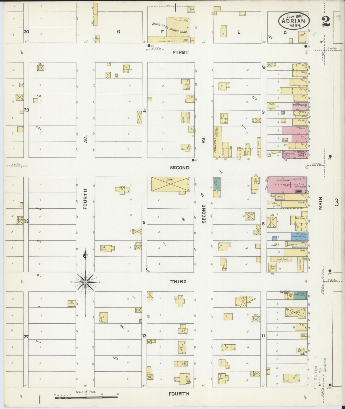 Sanborn Fire Insurance Map from Adrian, Nobles County, Minnesota (1907), Sheet #0002 - Complete Map Set gallery image, historic Sanborn map, vintage wall art, Minnesota Minnesota