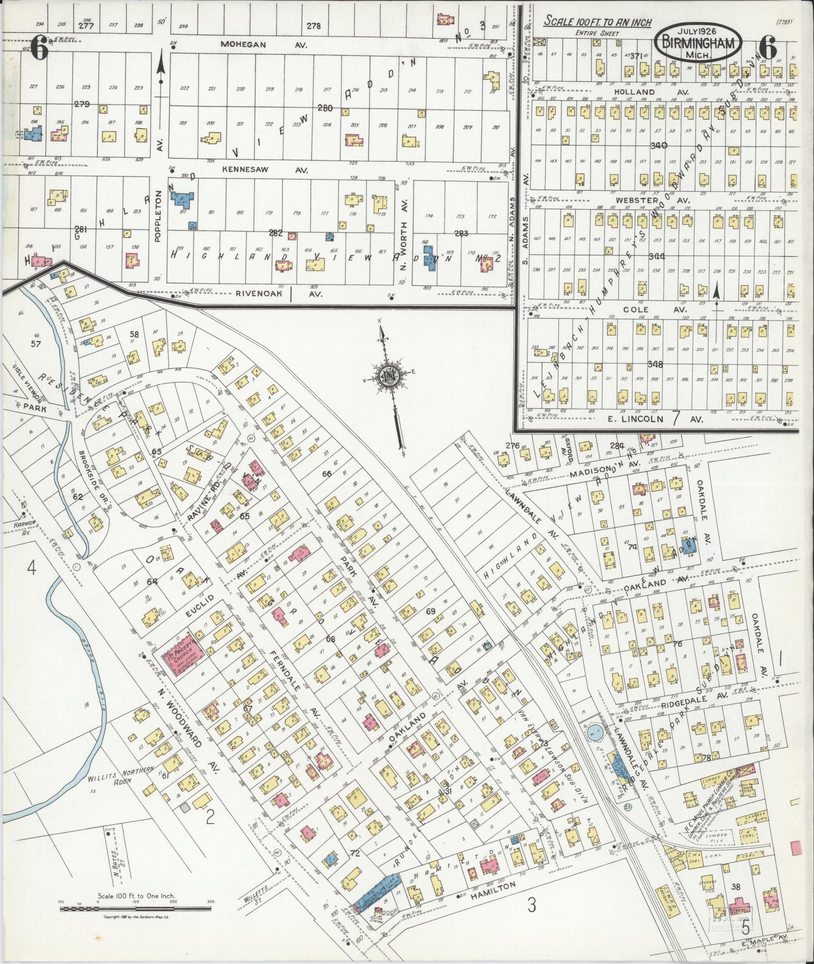 Sanborn Fire Insurance Map from Birmingham, Oakland County, Michigan (1926), Sheet #0006 - Historic Sanborn Fire Insurance Map Print, vintage old map wall art, antique decor, genealogy gift, Michigan Michigan map