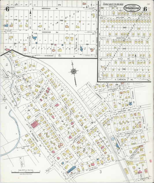 Sanborn Fire Insurance Map from Birmingham, Oakland County, Michigan (1926), Sheet #0006 - Historic Sanborn Fire Insurance Map Print, vintage old map wall art, antique decor, genealogy gift, Michigan Michigan map
