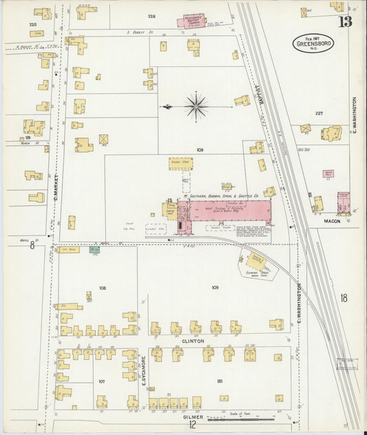 Sanborn Fire Insurance Map from Greensboro, Guilford County, North Carolina (1907), Sheet #0013 - Historic Sanborn Fire Insurance Map Print, vintage old map wall art, antique decor, genealogy gift, North Carolina North Carolina map