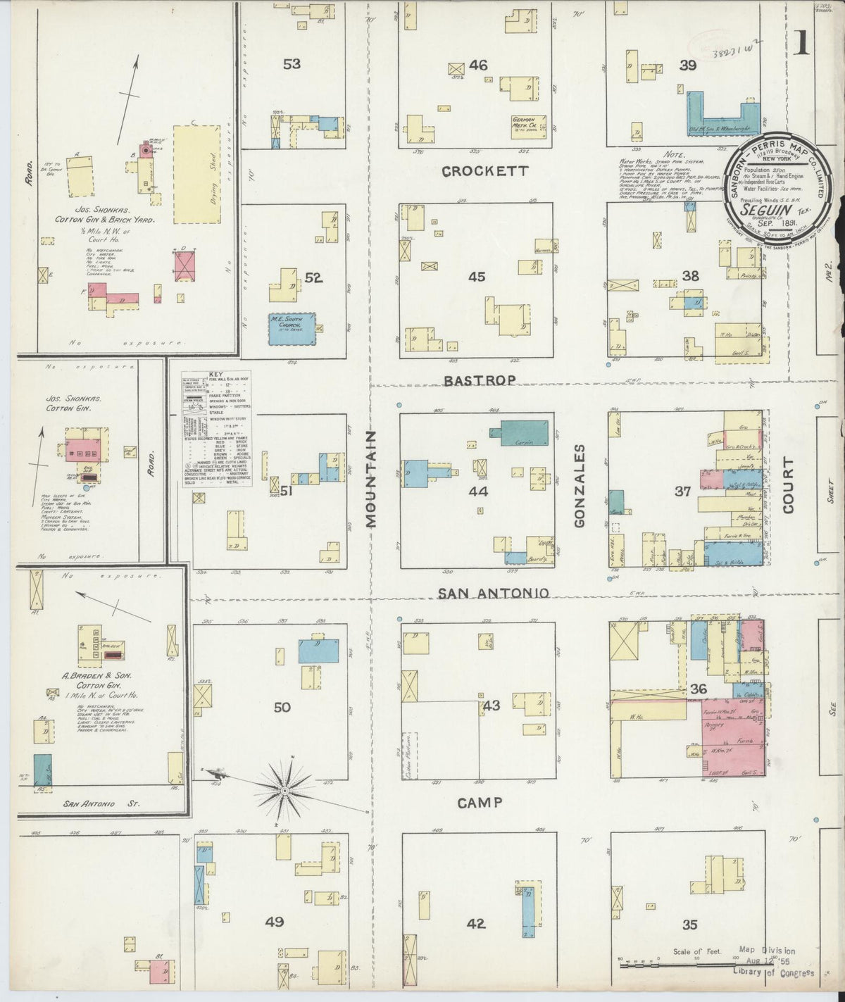 Sanborn Fire Insurance Map from Seguin, Guadalupe County, Texas (1891), Sheet #0001 - Complete Map Set gallery image, historic Sanborn map, vintage wall art, Texas Texas