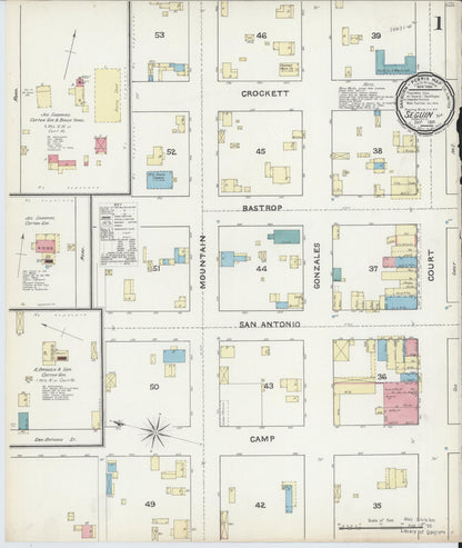 Sanborn Fire Insurance Map from Seguin, Guadalupe County, Texas (1891), Sheet #0001 - Complete Map Set gallery image, historic Sanborn map, vintage wall art, Texas Texas