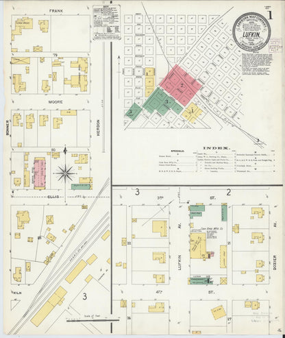 Sanborn Fire Insurance Map from Lufkin, Angelina County, Texas (1904), Sheet #0001 - Complete Map Set gallery image, historic Sanborn map, vintage wall art, Texas Texas