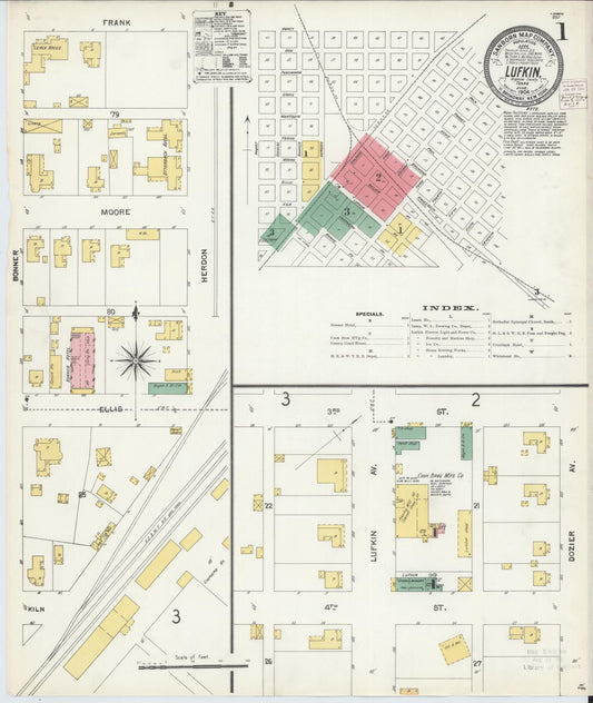 Sanborn Fire Insurance Map from Lufkin, Angelina County, Texas (1904), Sheet #0001 - Complete Map Set gallery image, historic Sanborn map, vintage wall art, Texas Texas