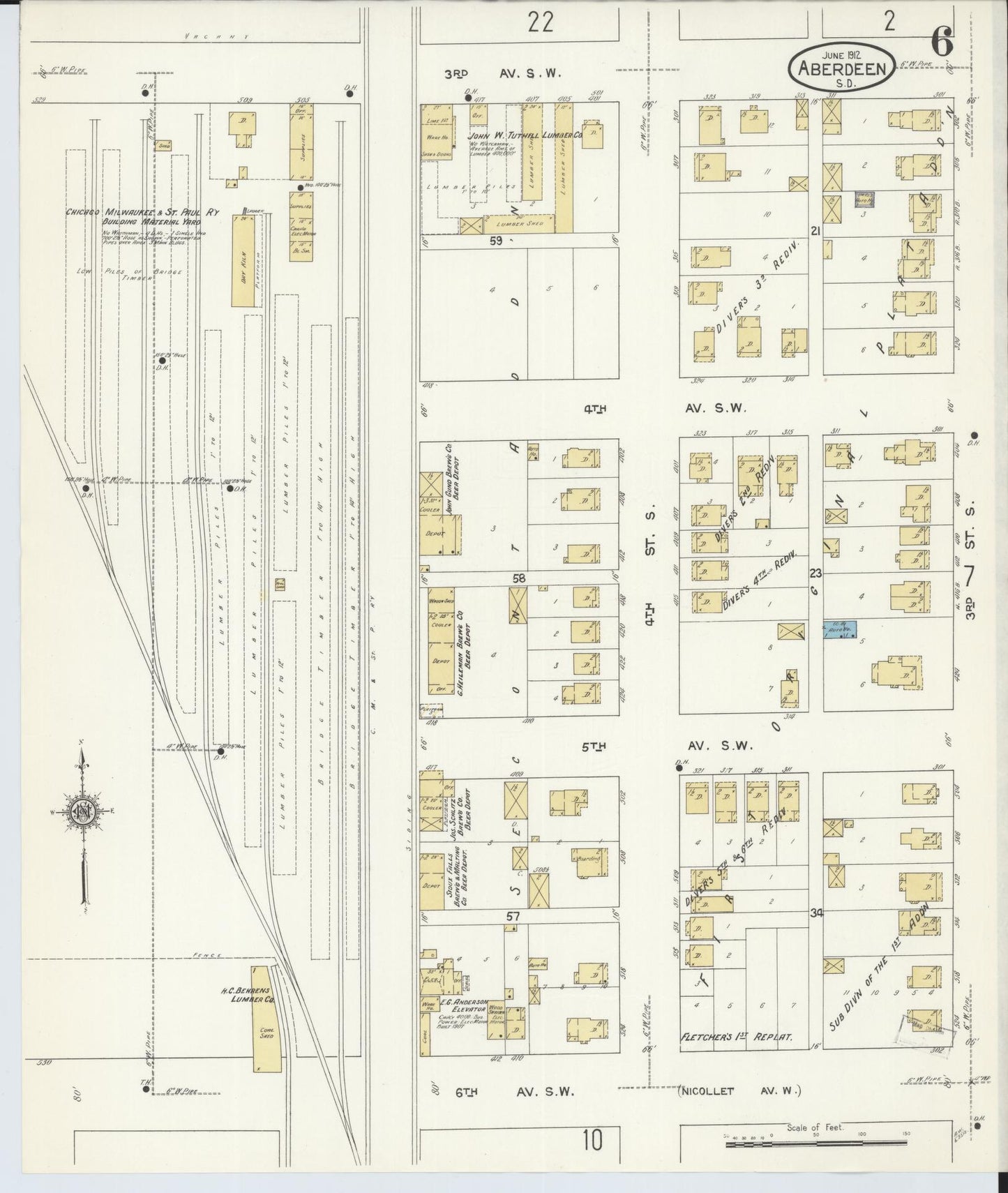 Sanborn Fire Insurance Map from Aberdeen, Brown County, South Dakota (1912), Sheet #0006 - Complete Map Set gallery image, historic Sanborn map, vintage wall art, South Dakota South Dakota
