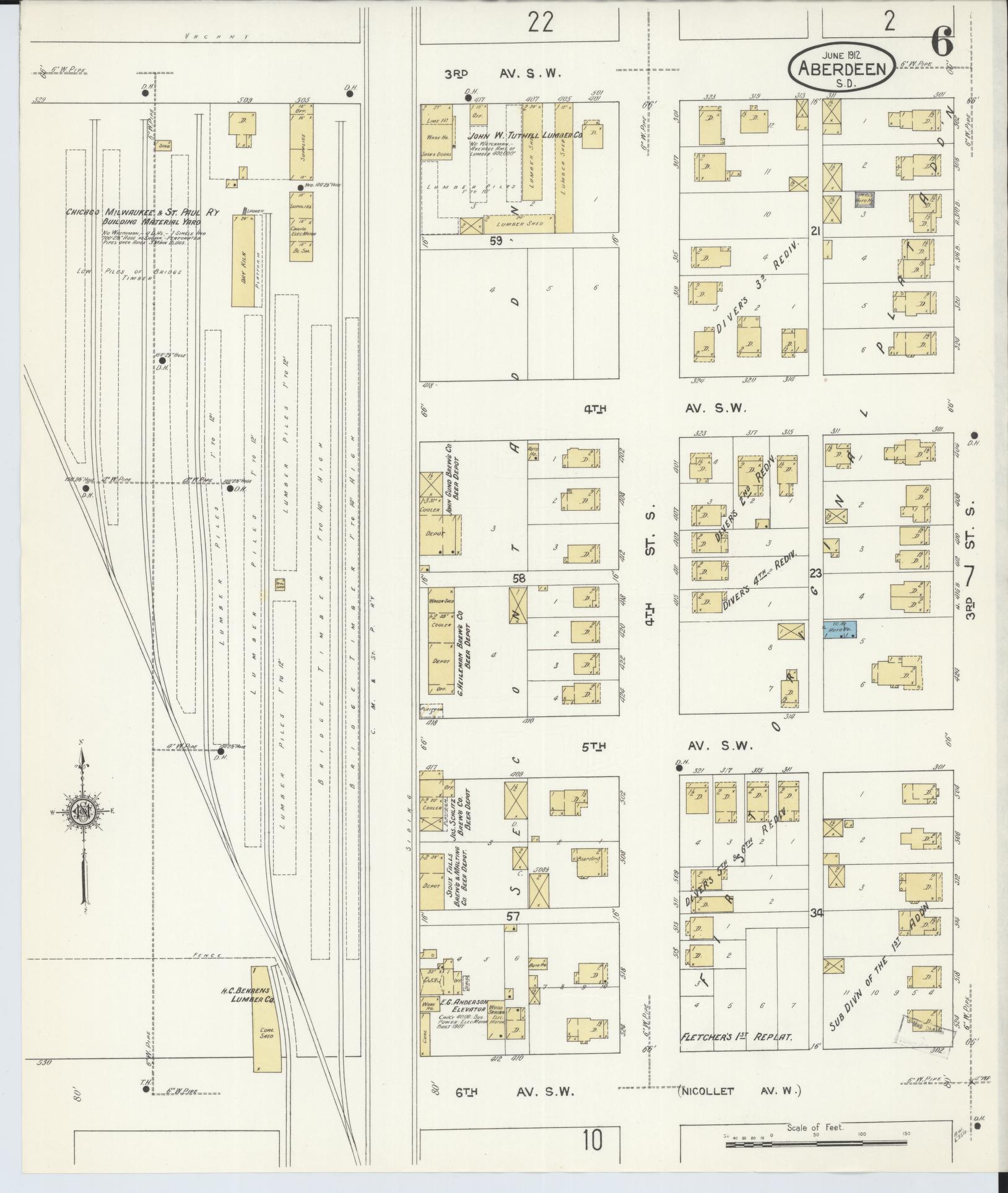 Sanborn Fire Insurance Map from Aberdeen, Brown County, South Dakota (1912), Sheet #0006 - Complete Map Set gallery image, historic Sanborn map, vintage wall art, South Dakota South Dakota