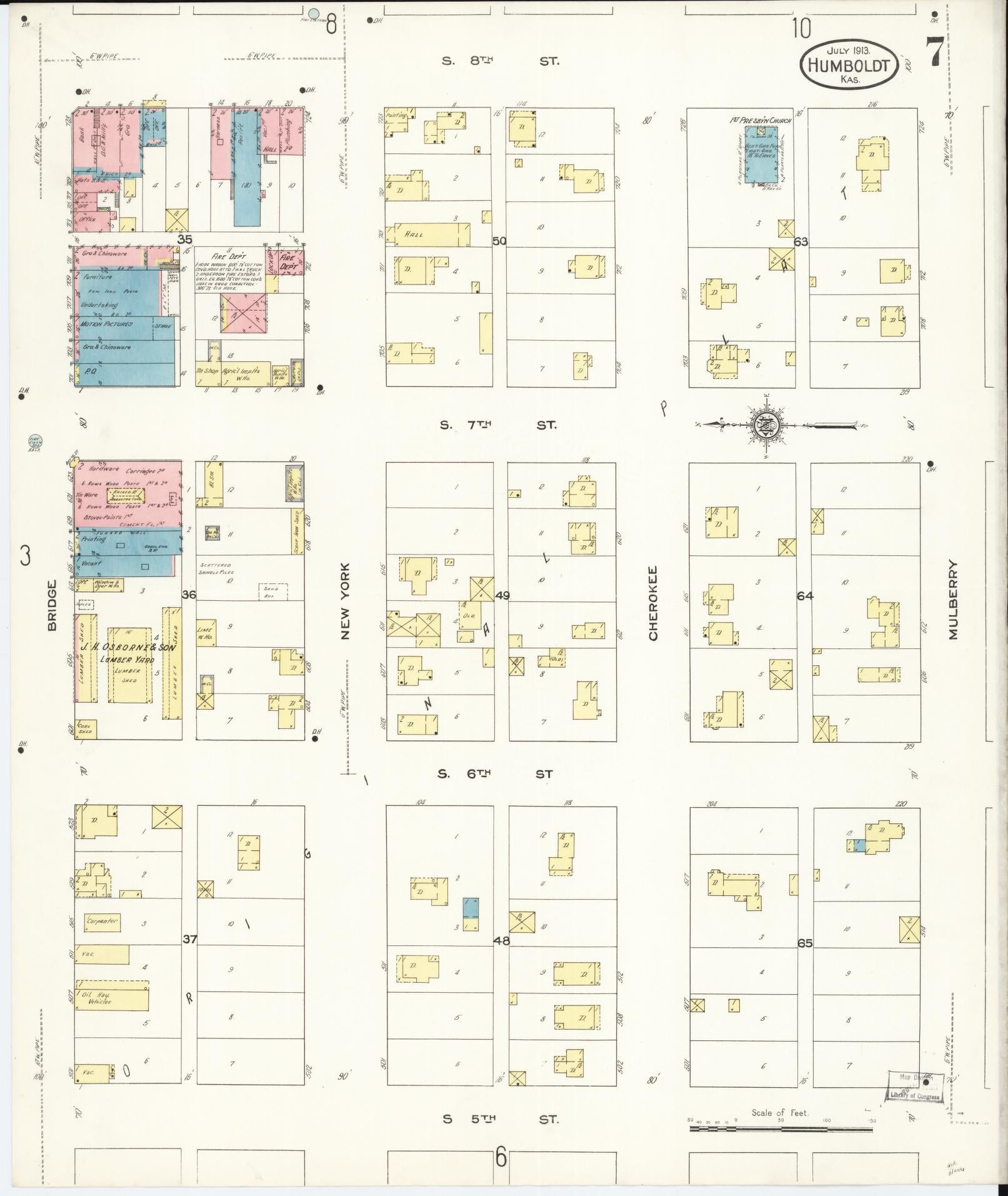 Sanborn Fire Insurance Map from Humboldt, Allen County, Kansas (1913), Sheet #0007 - Historic Sanborn Fire Insurance Map Print, vintage old map wall art, antique decor, genealogy gift, Kansas Kansas map