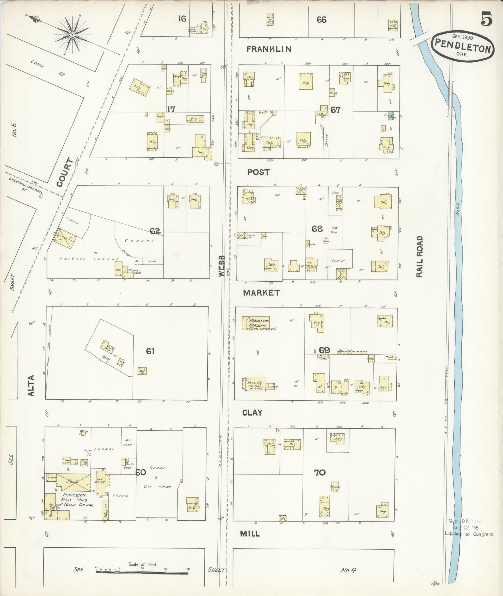 Sanborn Fire Insurance Map from Pendleton, Umatilla County, Oregon (1890), Sheet #0005 - Complete Map Set gallery image, historic Sanborn map, vintage wall art, Oregon Oregon