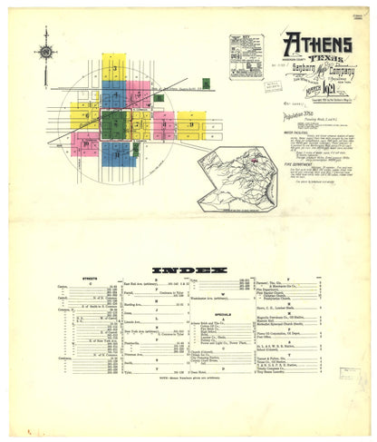 Sanborn Fire Insurance Map from Athens, Henderson County, Texas (1921), Sheet #0001 - Historic Sanborn Fire Insurance Map Print, vintage old map wall art, antique decor, genealogy gift, Texas Texas map