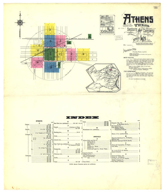 Sanborn Fire Insurance Map from Athens, Henderson County, Texas (1921), Sheet #0001 - Historic Sanborn Fire Insurance Map Print, vintage old map wall art, antique decor, genealogy gift, Texas Texas map