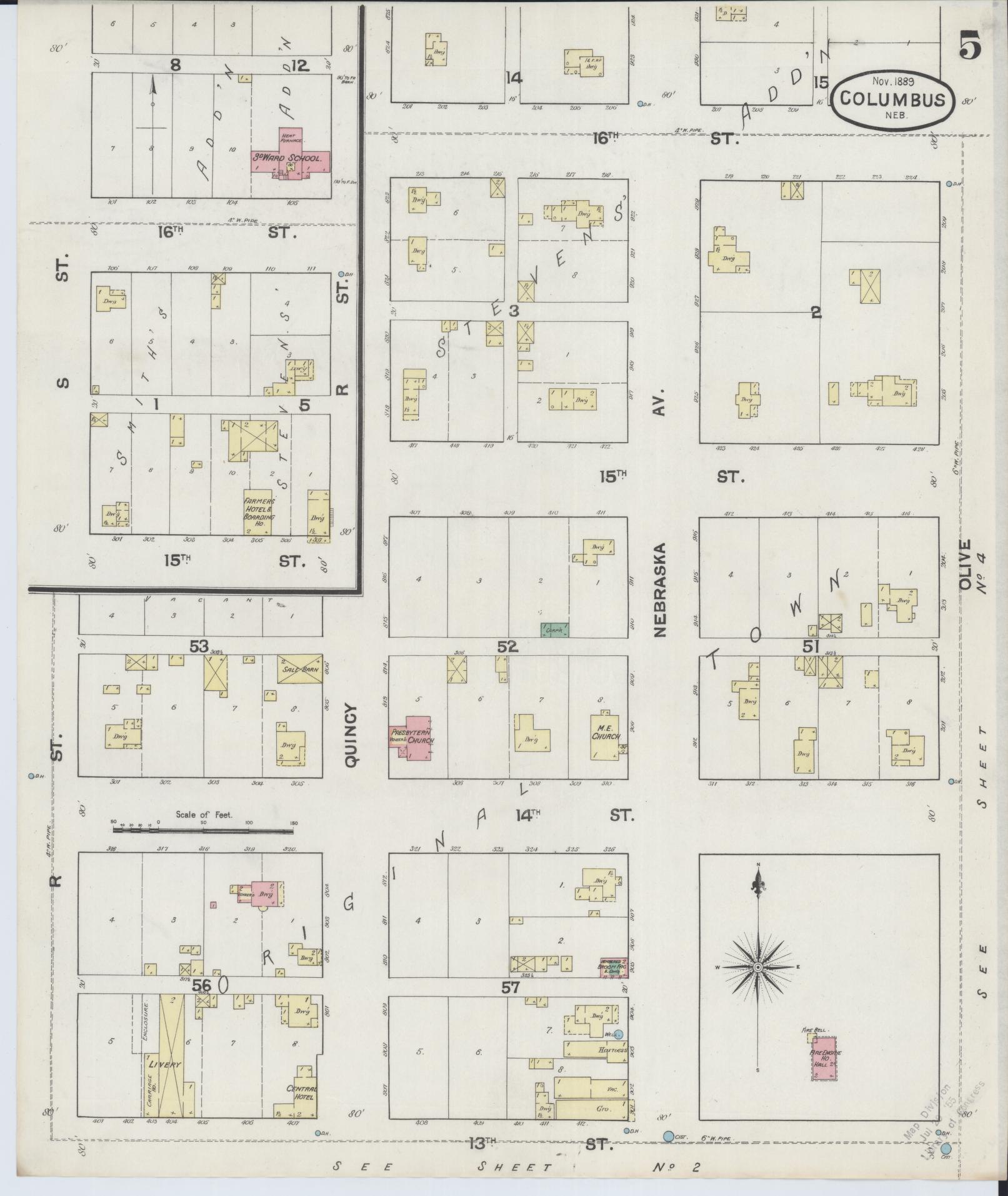 Sanborn Fire Insurance Map from Columbus, Platte County, Nebraska (1889), Sheet #0005 - Historic Sanborn Fire Insurance Map Print, vintage old map wall art, antique decor, genealogy gift, Nebraska Nebraska map