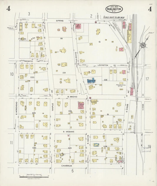 Sanborn Fire Insurance Map from Burlington, Alamance County, North Carolina (1924), Sheet #0004 - Historic Sanborn Fire Insurance Map Print, vintage old map wall art, antique decor, genealogy gift, North Carolina North Carolina map