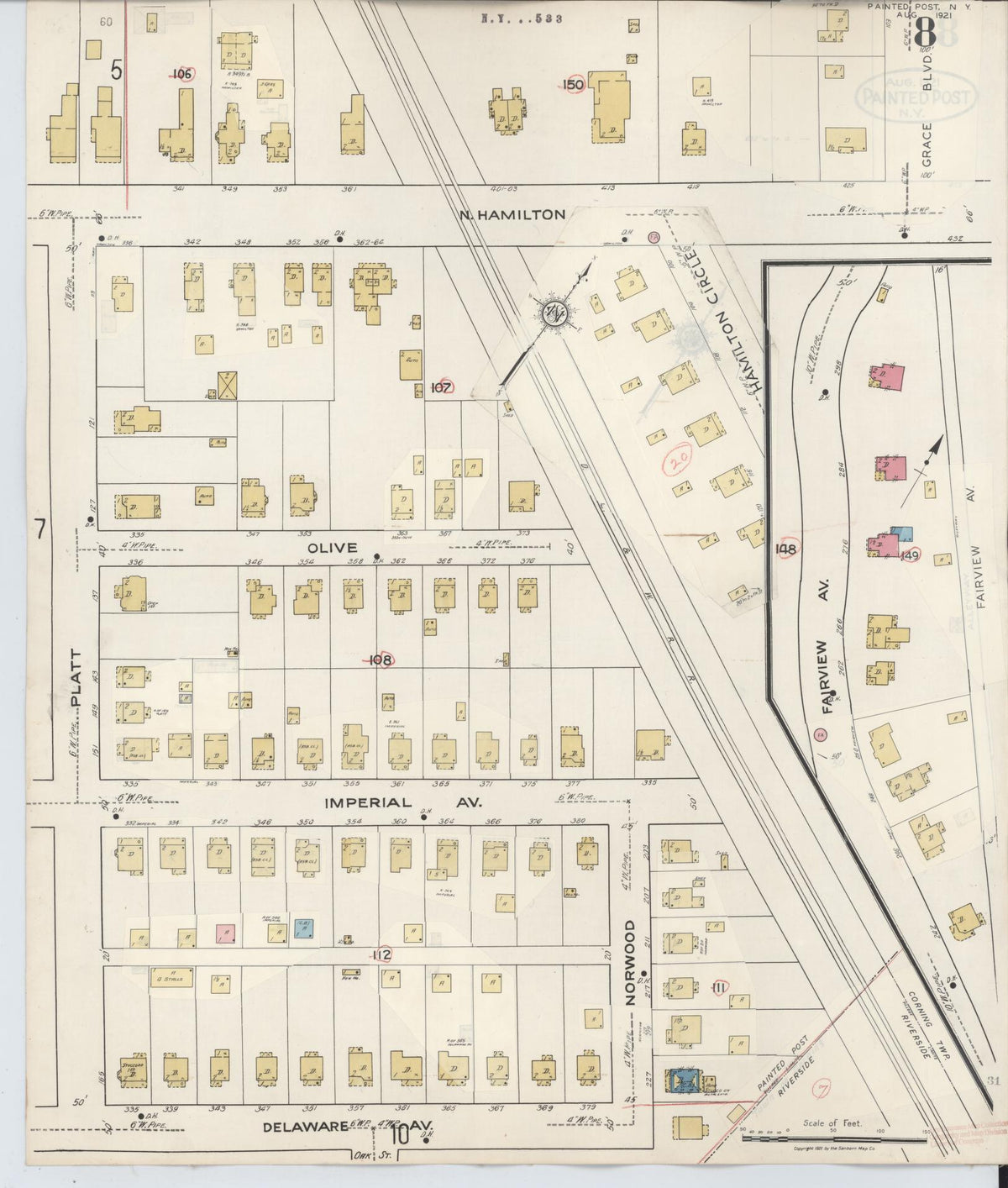 Sanborn Fire Insurance Map from Painted Post, Steuben County, New York (1943), Sheet #0008 - Historic Sanborn Fire Insurance Map Print, vintage old map wall art, antique decor, genealogy gift, New York New York map