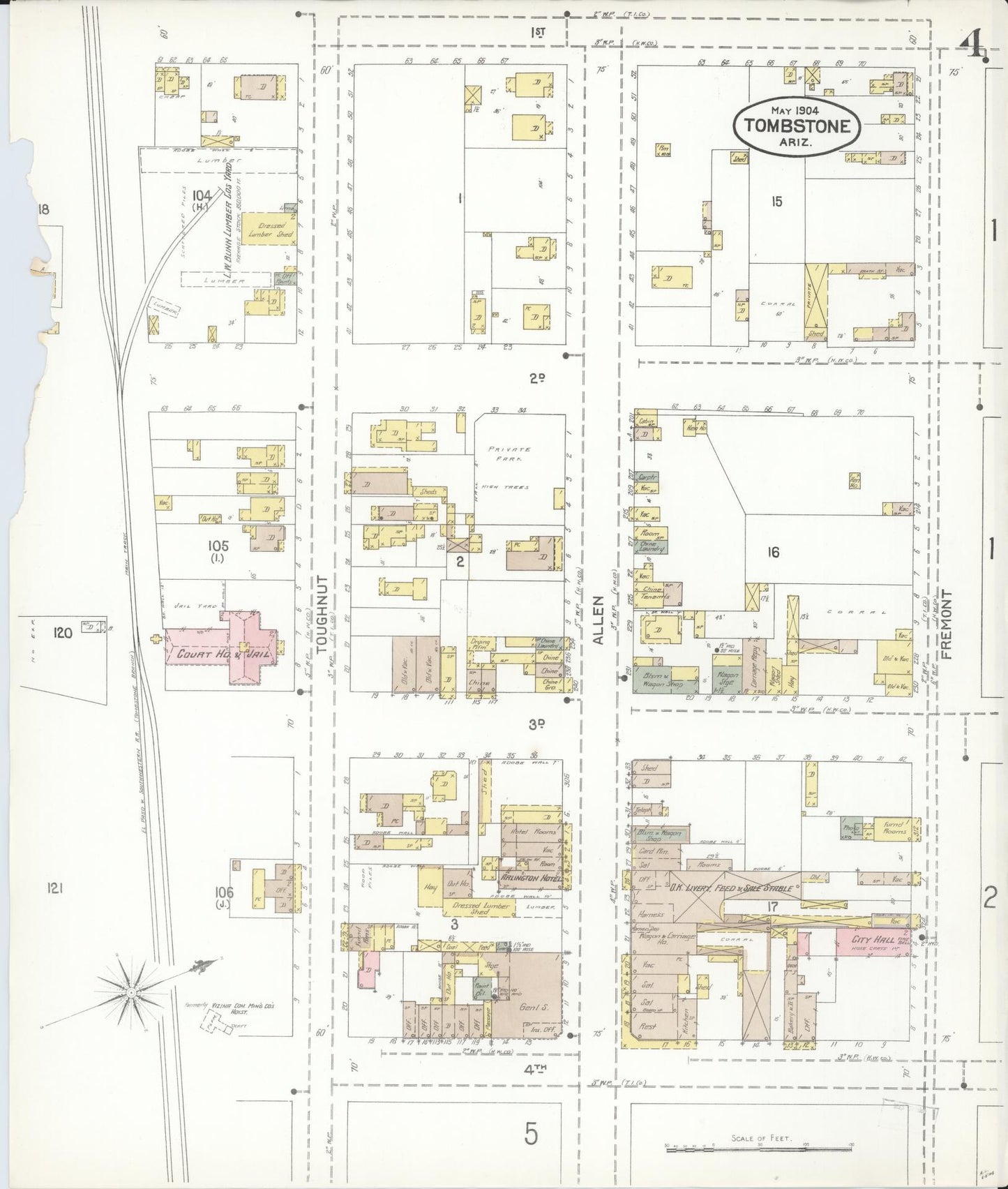 Sanborn Fire Insurance Map from Tombstone, Cochise County, Arizona (1904), Sheet #0004 - Complete Map Set gallery image, historic Sanborn map, vintage wall art, Arizona Arizona
