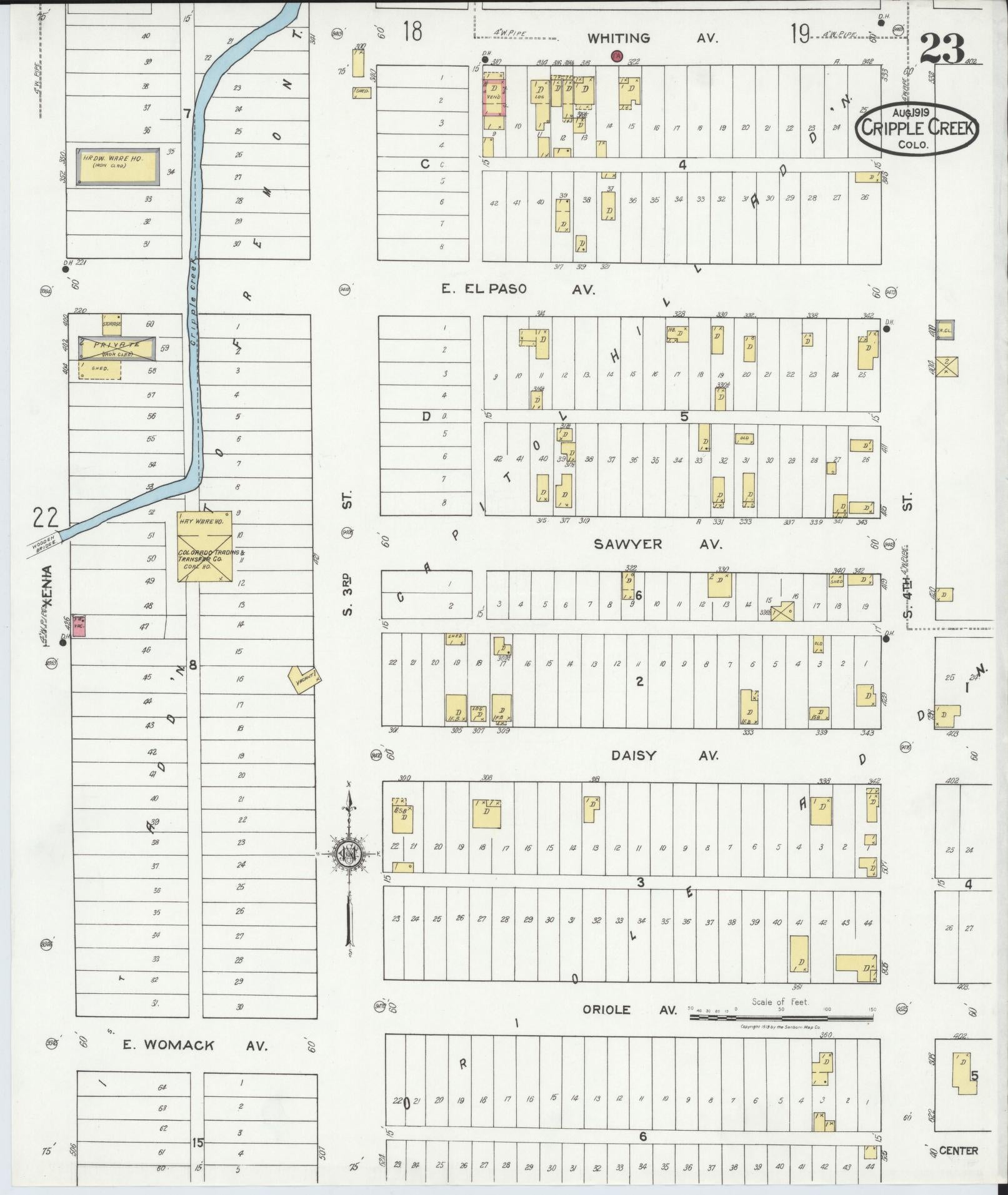 Sanborn Fire Insurance Map from Cripple Creek, Teller County, Colorado (1919), Sheet #0023 - Historic Sanborn Fire Insurance Map Print, vintage old map wall art, antique decor, genealogy gift, Colorado Colorado map