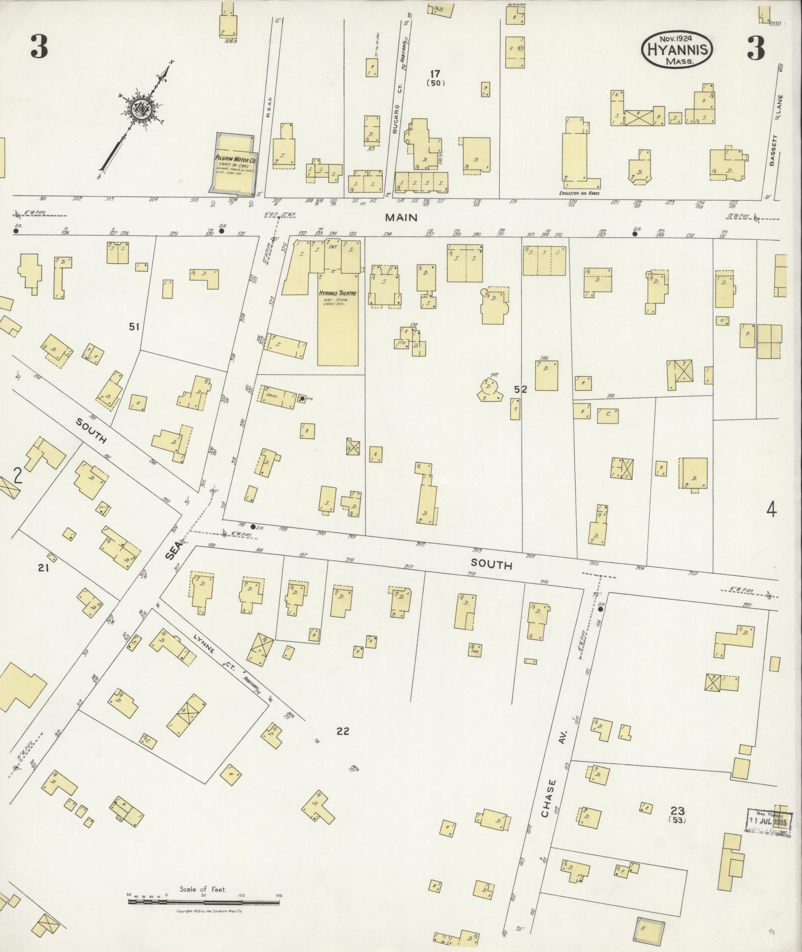 Sanborn Fire Insurance Map from Hyannis, Barnstable County, Massachusetts (1924), Sheet #0003 - Historic Sanborn Fire Insurance Map Print, vintage old map wall art, antique decor, genealogy gift, Massachusetts Massachusetts map