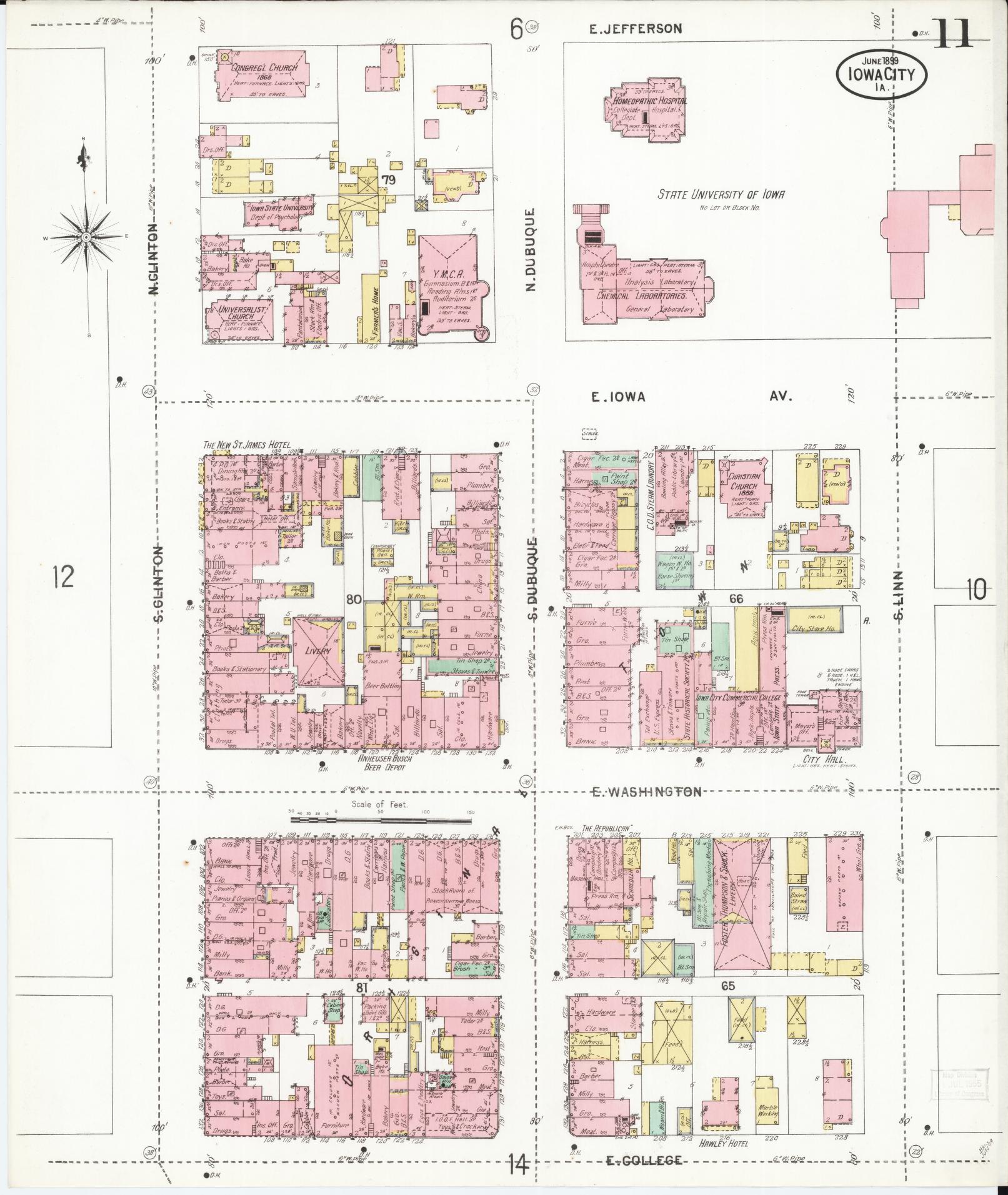 Sanborn Fire Insurance Map from Iowa City, Johnson County, Iowa (1899), Sheet #0011 - Historic Sanborn Fire Insurance Map Print, vintage old map wall art