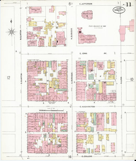 Sanborn Fire Insurance Map from Iowa City, Johnson County, Iowa (1899), Sheet #0011 - Historic Sanborn Fire Insurance Map Print, vintage old map wall art