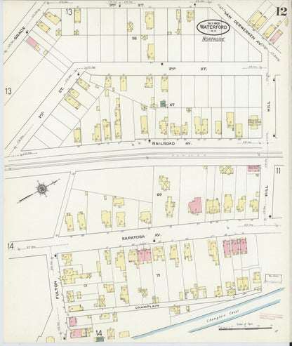 Sanborn Fire Insurance Map from Waterford, Saratoga County, New York (1909), Sheet #0012 - Historic Sanborn Fire Insurance Map Print, vintage old map wall art, antique decor, genealogy gift, New York New York map
