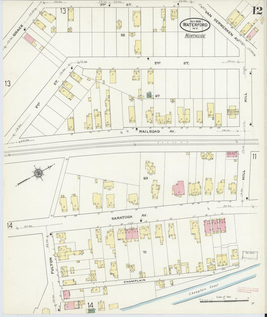 Sanborn Fire Insurance Map from Waterford, Saratoga County, New York (1909), Sheet #0012 - Historic Sanborn Fire Insurance Map Print, vintage old map wall art, antique decor, genealogy gift, New York New York map