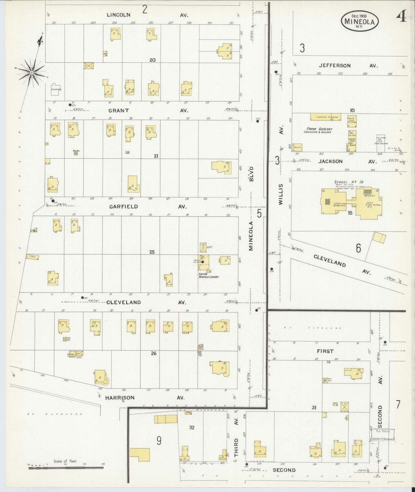 Sanborn Fire Insurance Map from Mineola, Nassau County, New York (1908), Sheet #0004 - Complete Map Set gallery image, historic Sanborn map, vintage wall art, New York New York