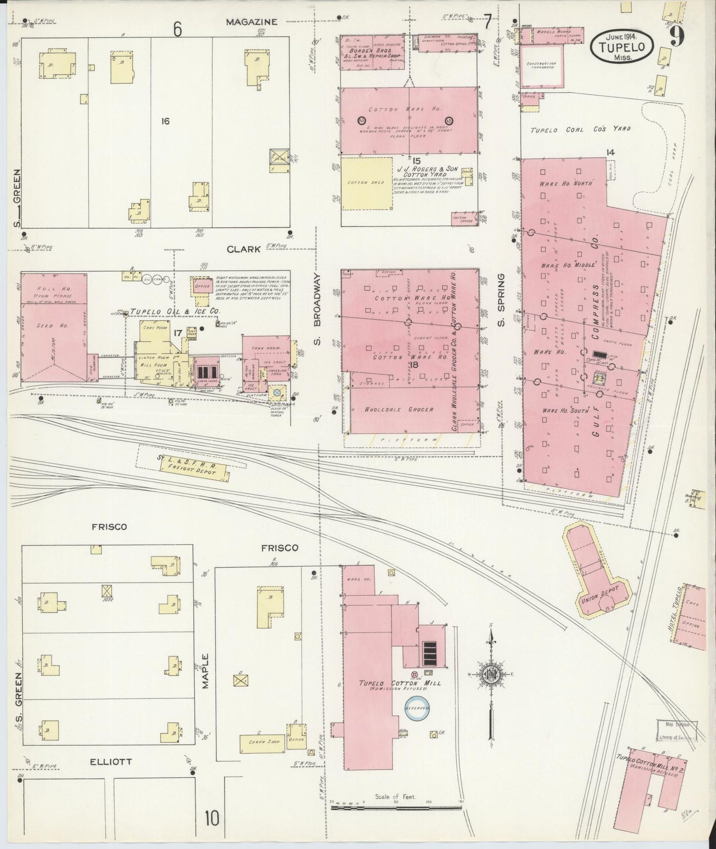 Sanborn Fire Insurance Map from Tupelo, Lee County, Mississippi (1914), Sheet #0009 - Complete Map Set gallery image, historic Sanborn map, vintage wall art, Mississippi Mississippi