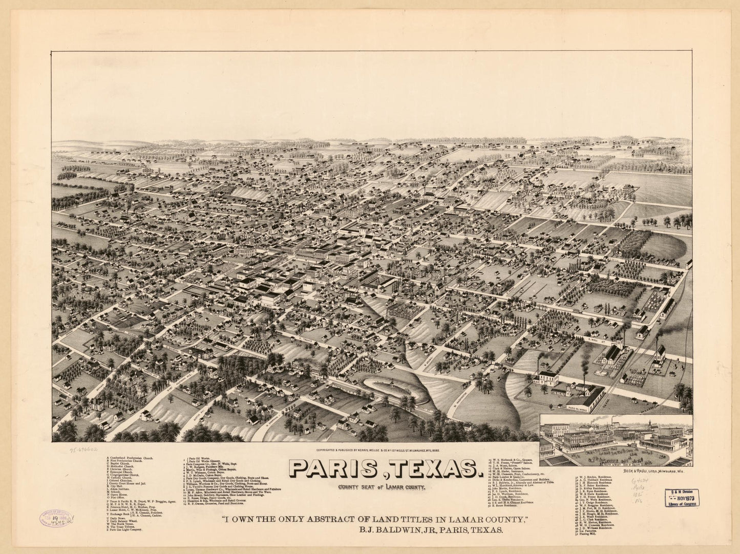Paris, Texas, county seat of Lamar County. (1885) – Historic Bird’s-Eye View Panorama Print