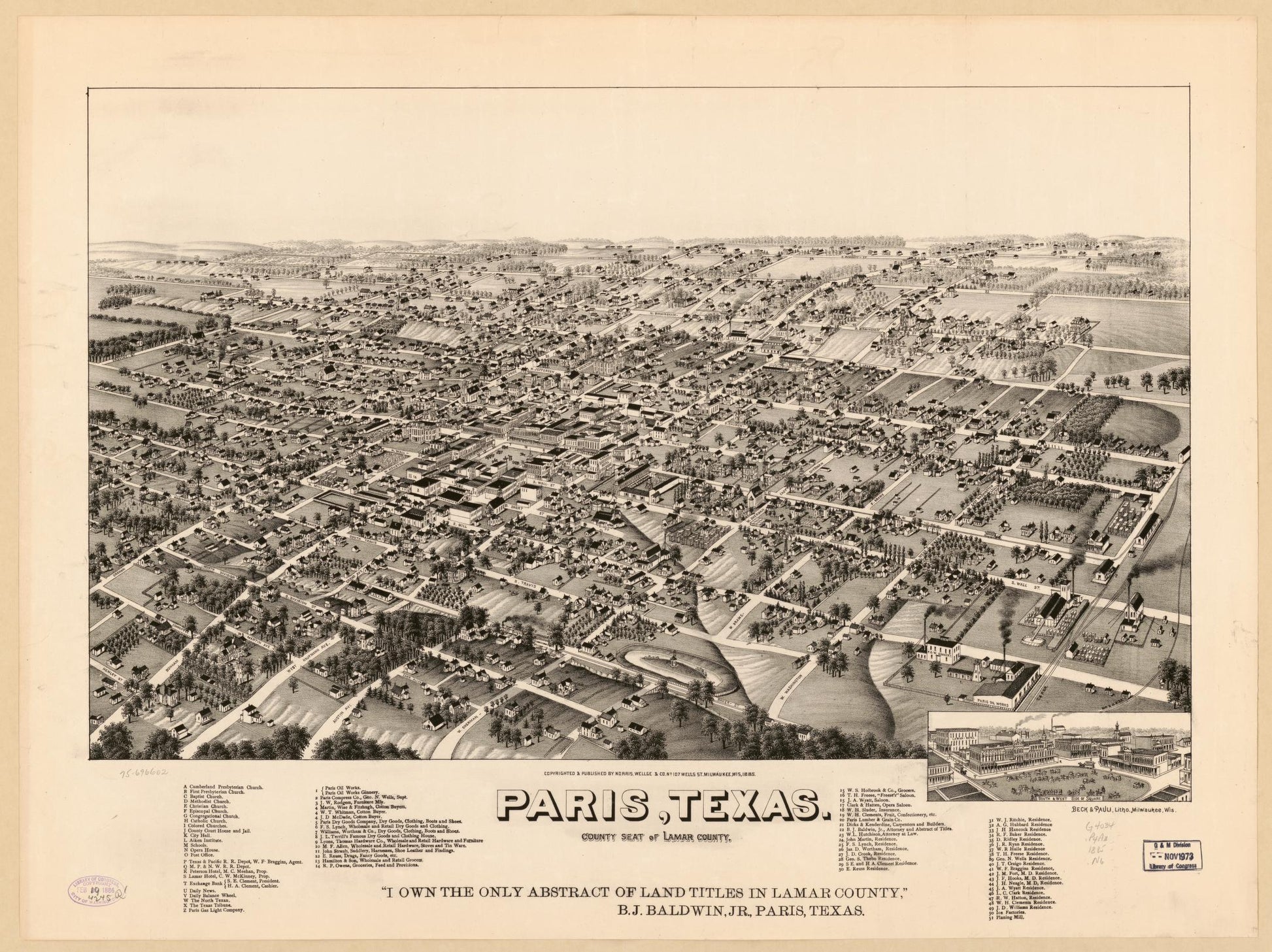 Paris, Texas, county seat of Lamar County. (1885) – Historic Bird’s-Eye View Panorama Print