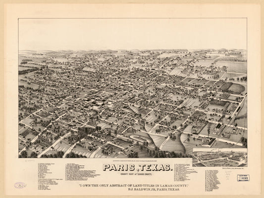 Paris, Texas, county seat of Lamar County. (1885) – Historic Bird’s-Eye View Panorama Print