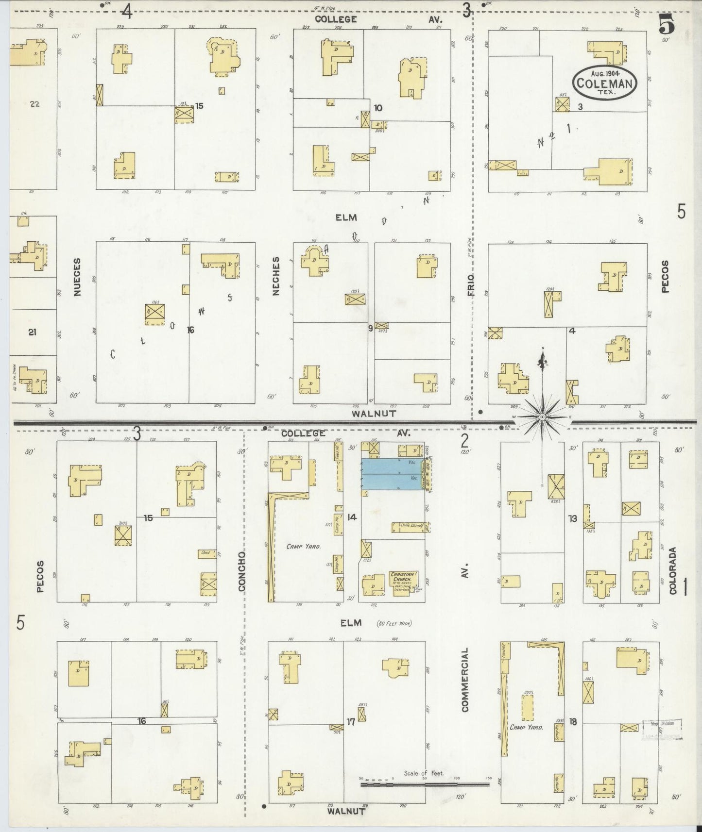 Sanborn Fire Insurance Map from Coleman, Coleman County, Texas (1904), Sheet #0005 - Complete Map Set gallery image, historic Sanborn map, vintage wall art, Texas Texas