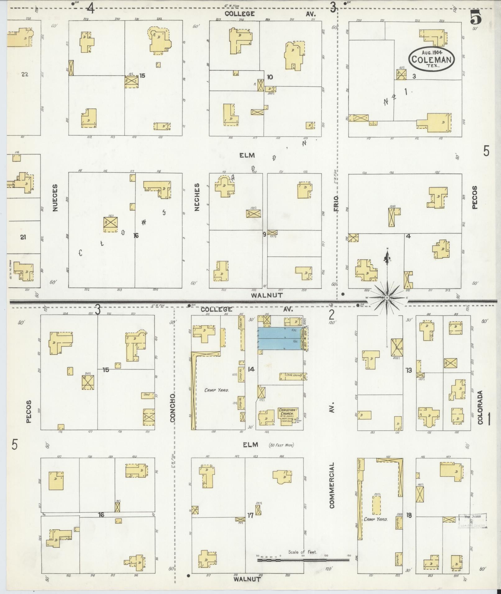 Sanborn Fire Insurance Map from Coleman, Coleman County, Texas (1904), Sheet #0005 - Complete Map Set gallery image, historic Sanborn map, vintage wall art, Texas Texas
