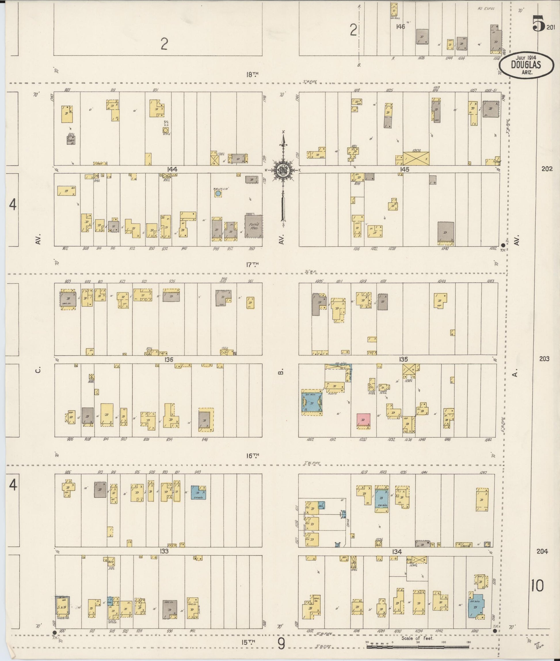 Sanborn Fire Insurance Map from Douglas, Cochise County, Arizona (1914), Sheet #0005 - Complete Map Set gallery image, historic Sanborn map, vintage wall art, Arizona Arizona