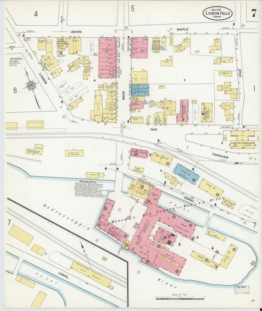 Sanborn Fire Insurance Map from Lisbon Falls, Androscoggin County, Maine (1911), Sheet #0007 - Historic Sanborn Fire Insurance Map Print, vintage old map wall art, antique decor, genealogy gift, Maine Maine map