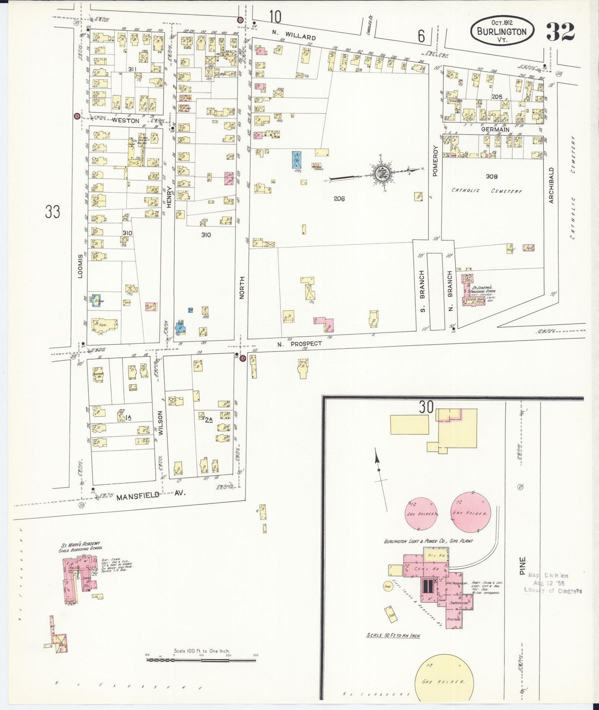 Sanborn Fire Insurance Map from Burlington, Chittenden County, Vermont (1912), Sheet #0032 - Historic Sanborn Fire Insurance Map Print, vintage old map wall art, antique decor, genealogy gift, Vermont Vermont map