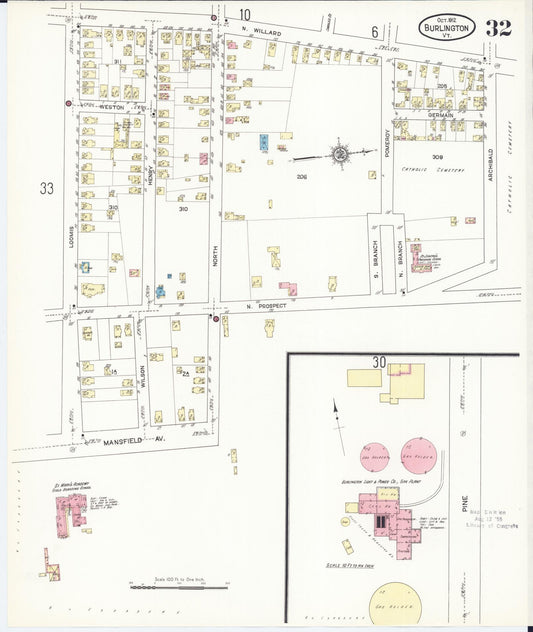 Sanborn Fire Insurance Map from Burlington, Chittenden County, Vermont (1912), Sheet #0032 - Historic Sanborn Fire Insurance Map Print, vintage old map wall art, antique decor, genealogy gift, Vermont Vermont map