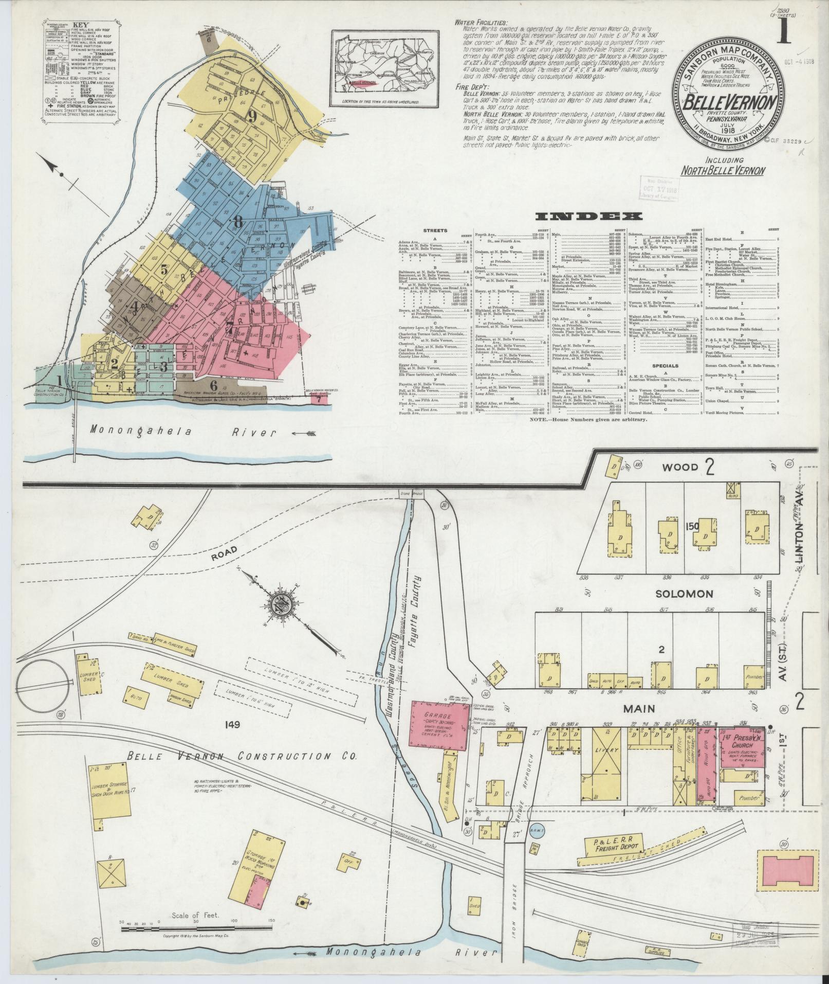 Sanborn Fire Insurance Map from Belle Vernon, Fayette County, Pennsylvania (1918), Sheet #0001 - Historic Sanborn Fire Insurance Map Print, vintage old map wall art, antique decor, genealogy gift, Pennsylvania Pennsylvania map