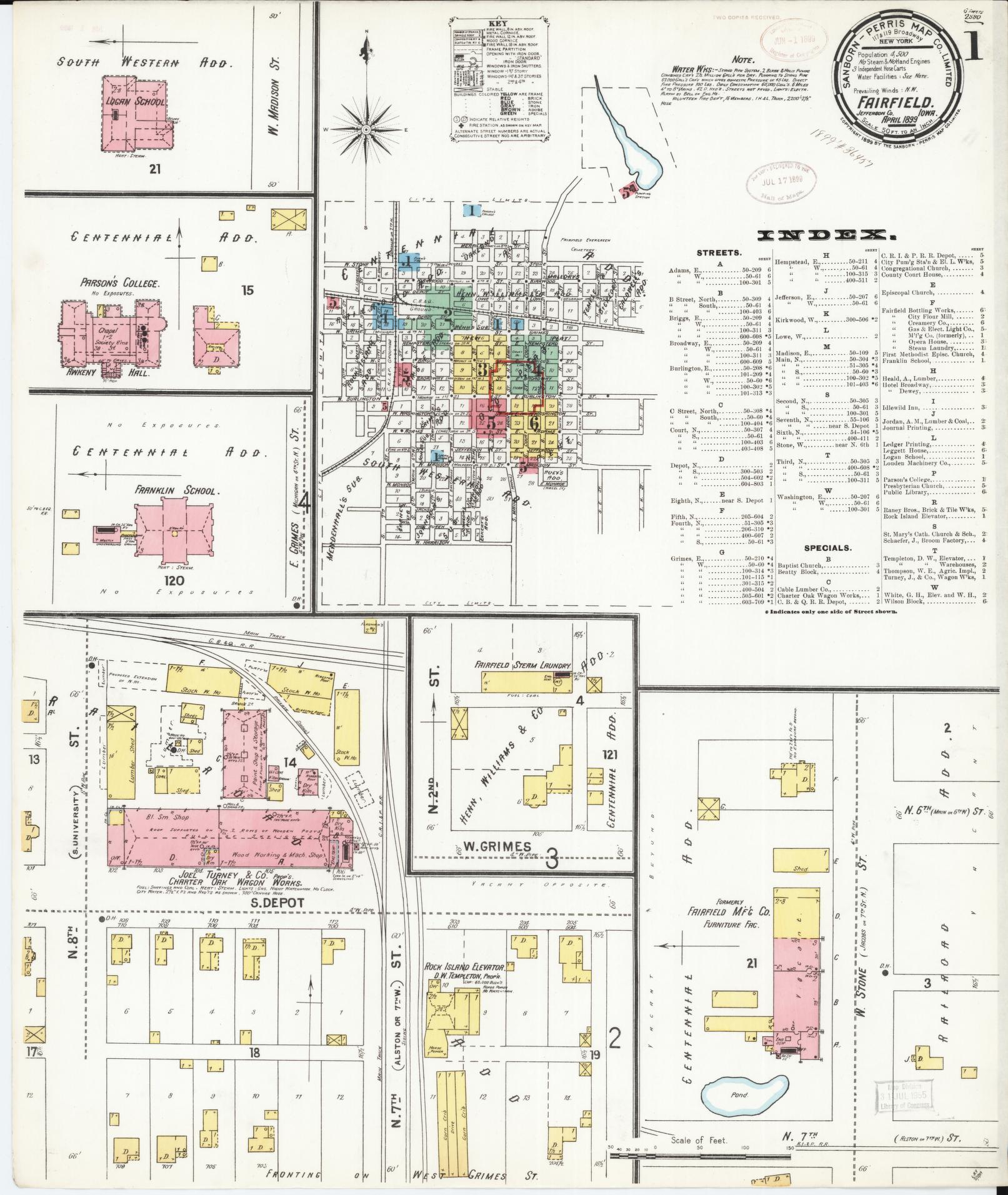 Sanborn Fire Insurance Map from Fairfield, Jefferson County, Iowa (1899), Sheet #0001 - Historic Sanborn Fire Insurance Map Print, vintage old map wall art