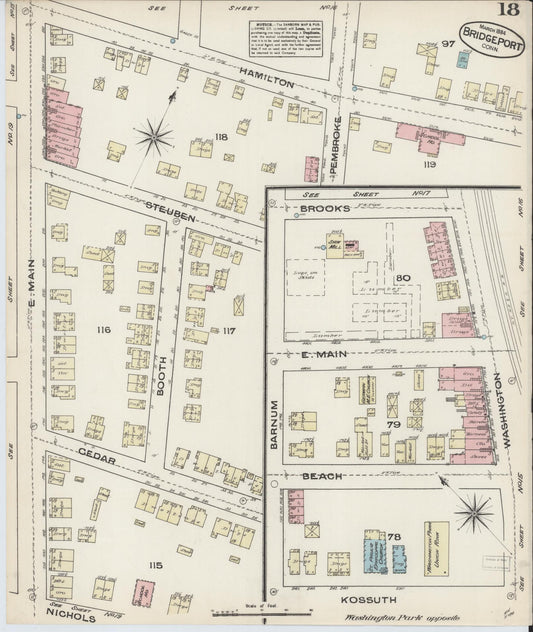 Sanborn Fire Insurance Map from Bridgeport, Fairfield County, Connecticut (1884), Sheet #0018 - Historic Sanborn Fire Insurance Map Print, vintage old map wall art, antique decor, genealogy gift, Connecticut Connecticut map