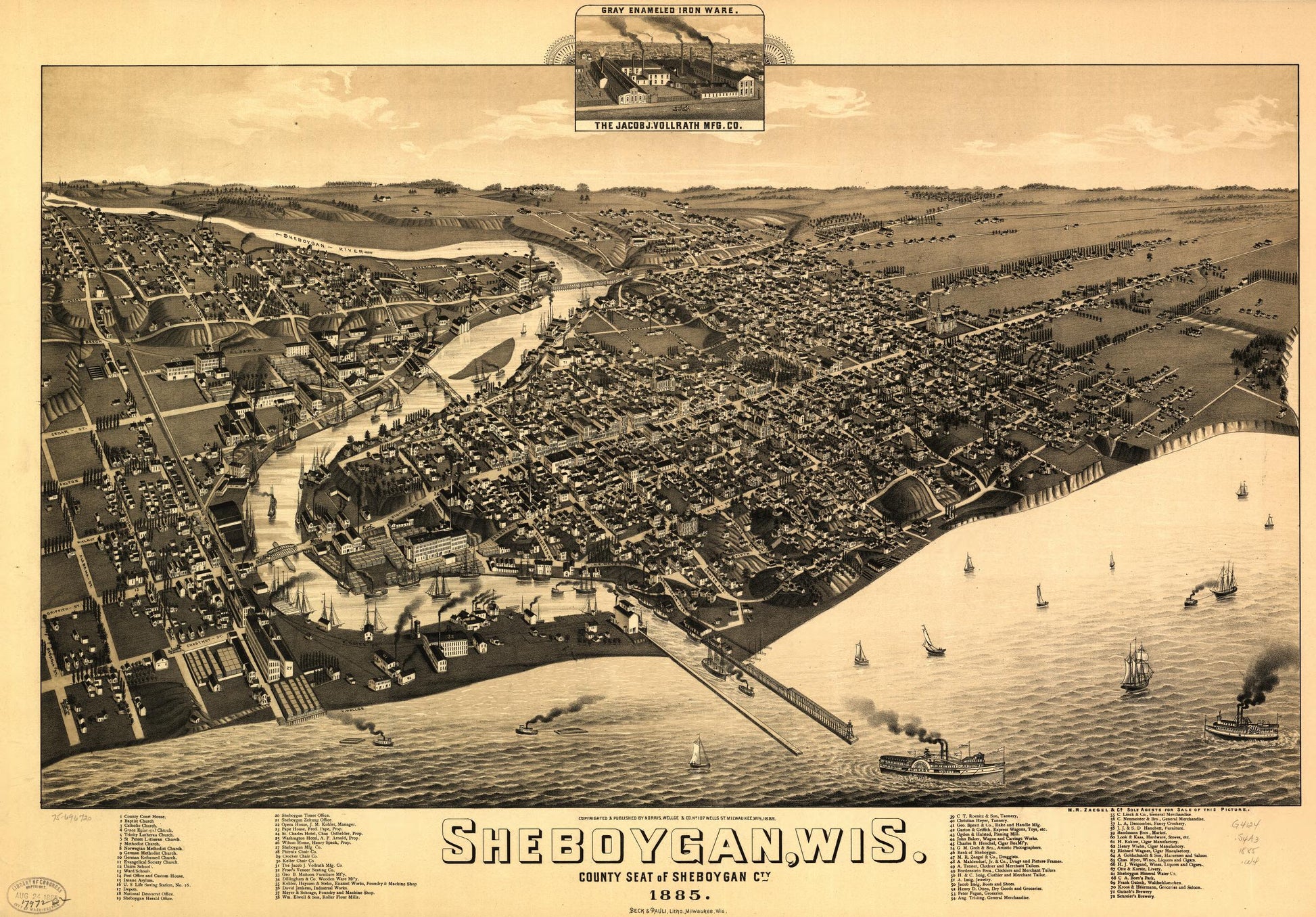 Sheboygan, Wis., county seat of Sheboygan Cty. 1885. (1885) – Historic Bird’s-Eye View Panorama Print