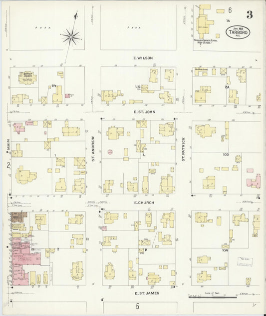 Sanborn Fire Insurance Map from Tarboro, Edgecombe County, North Carolina (1908), Sheet #0003 - Historic Sanborn Fire Insurance Map Print, vintage old map wall art, antique decor, genealogy gift, North Carolina North Carolina map