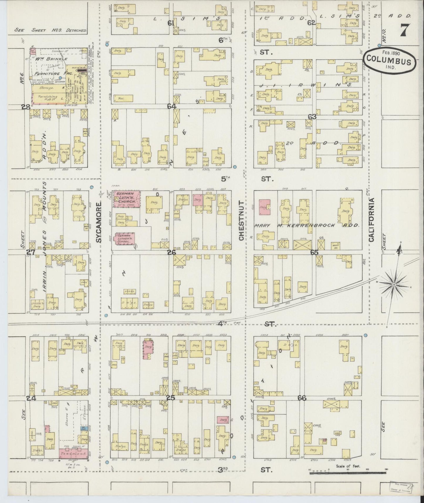 Sanborn Fire Insurance Map from Columbus, Bartholomew County, Indiana (1890), Sheet #0007 - Historic Sanborn Fire Insurance Map Print, vintage old map wall art, antique decor, genealogy gift, Indiana Indiana map