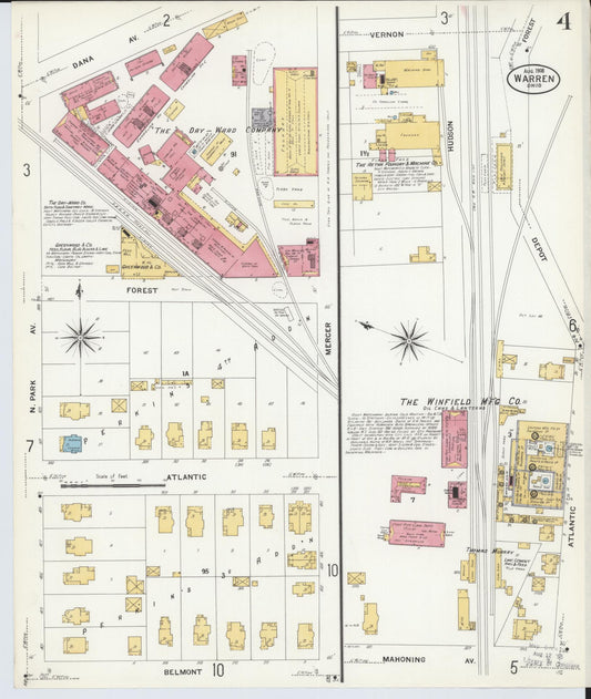Sanborn Fire Insurance Map from Warren, Trumbull County, Ohio (1908), Sheet #0004 - Historic Sanborn Fire Insurance Map Print, vintage old map wall art, antique decor, genealogy gift, Ohio Ohio map