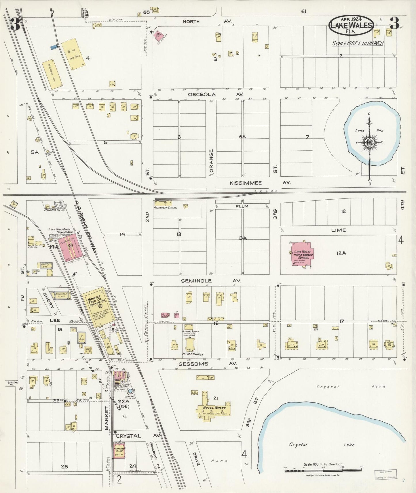 Sanborn Fire Insurance Map from Lake Wales, Polk County, Florida (1924), Sheet #0003 - Historic Sanborn Fire Insurance Map Print, vintage old map wall art, antique decor, genealogy gift, Florida Florida map