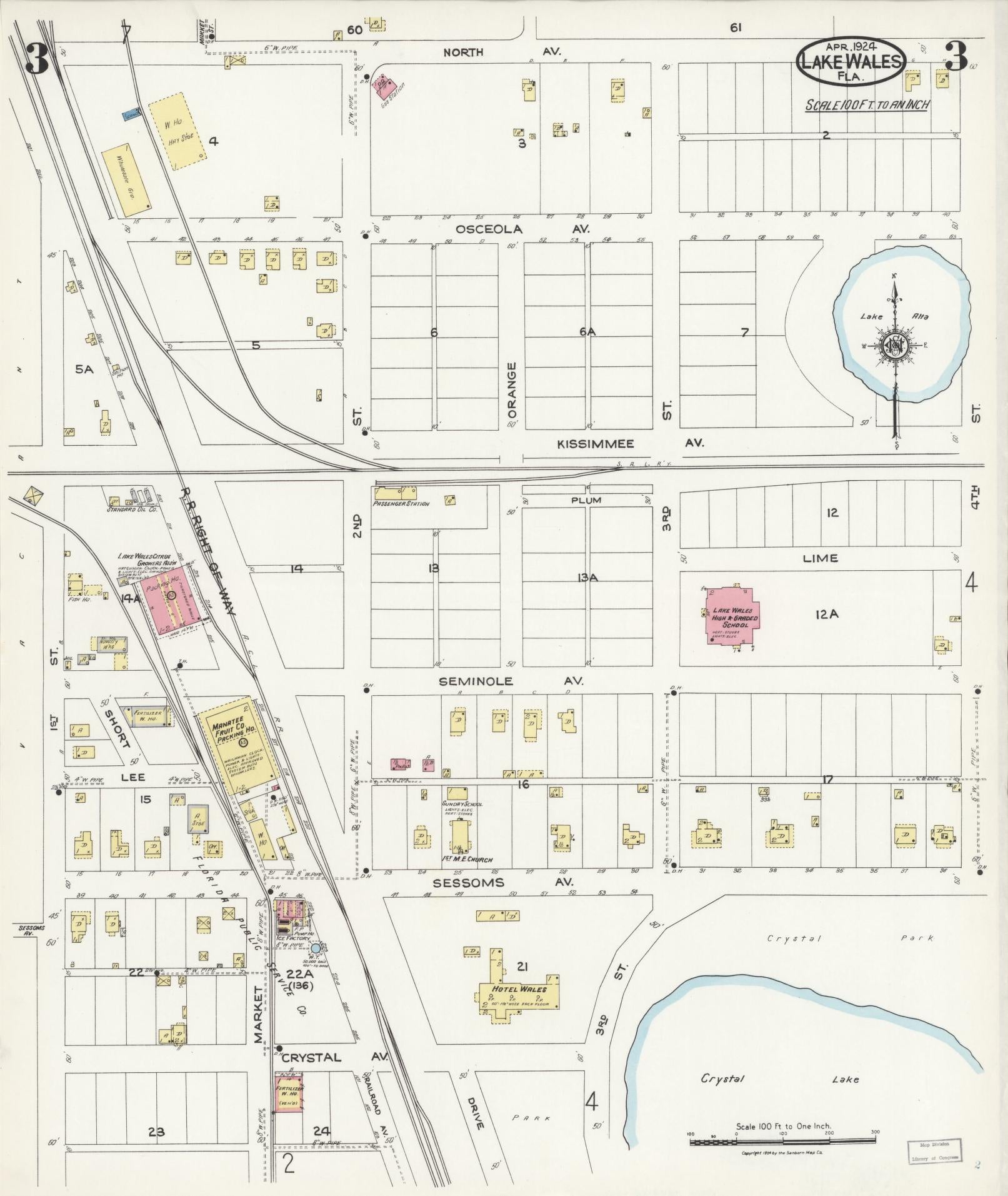 Sanborn Fire Insurance Map from Lake Wales, Polk County, Florida (1924), Sheet #0003 - Historic Sanborn Fire Insurance Map Print, vintage old map wall art, antique decor, genealogy gift, Florida Florida map