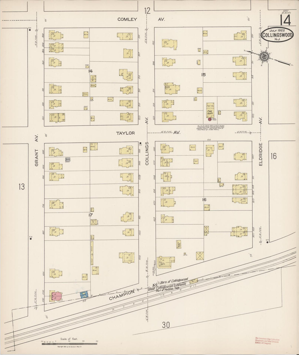 Sanborn Fire Insurance Map from Collingswood, Camden County, New Jersey (1922), Sheet #0014 - Historic Sanborn Fire Insurance Map Print, vintage old map wall art, antique decor, genealogy gift, New Jersey New Jersey map