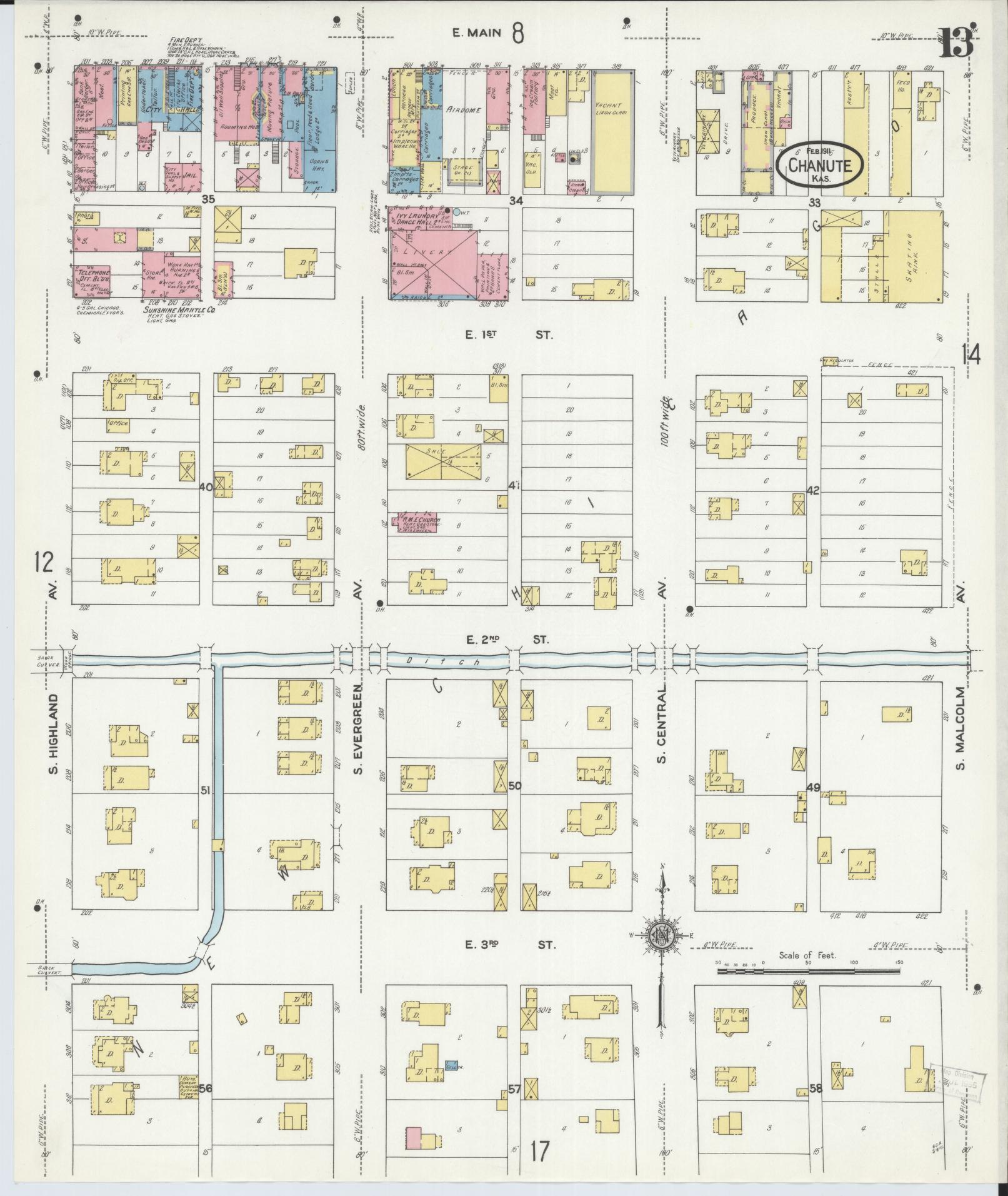 Sanborn Fire Insurance Map from Chanute, Neosho County, Kansas (1911), Sheet #0013 - Historic Sanborn Fire Insurance Map Print, vintage old map wall art, antique decor, genealogy gift, Kansas Kansas map