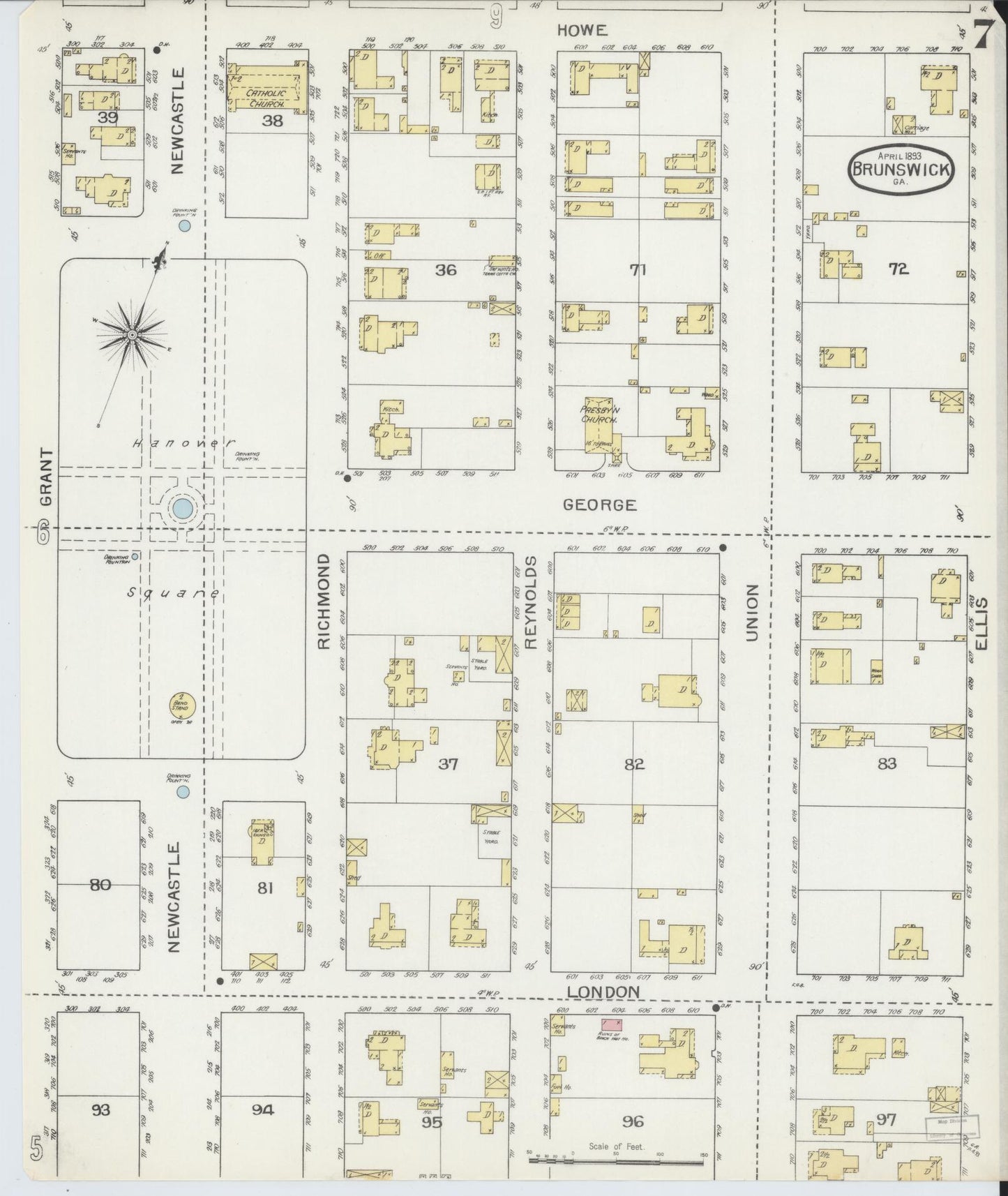 Sanborn Fire Insurance Map from Brunswick, Glynn County, Georgia (1893), Sheet #0007 - Historic Sanborn Fire Insurance Map Print, vintage old map wall art, antique decor, genealogy gift, Georgia Georgia map
