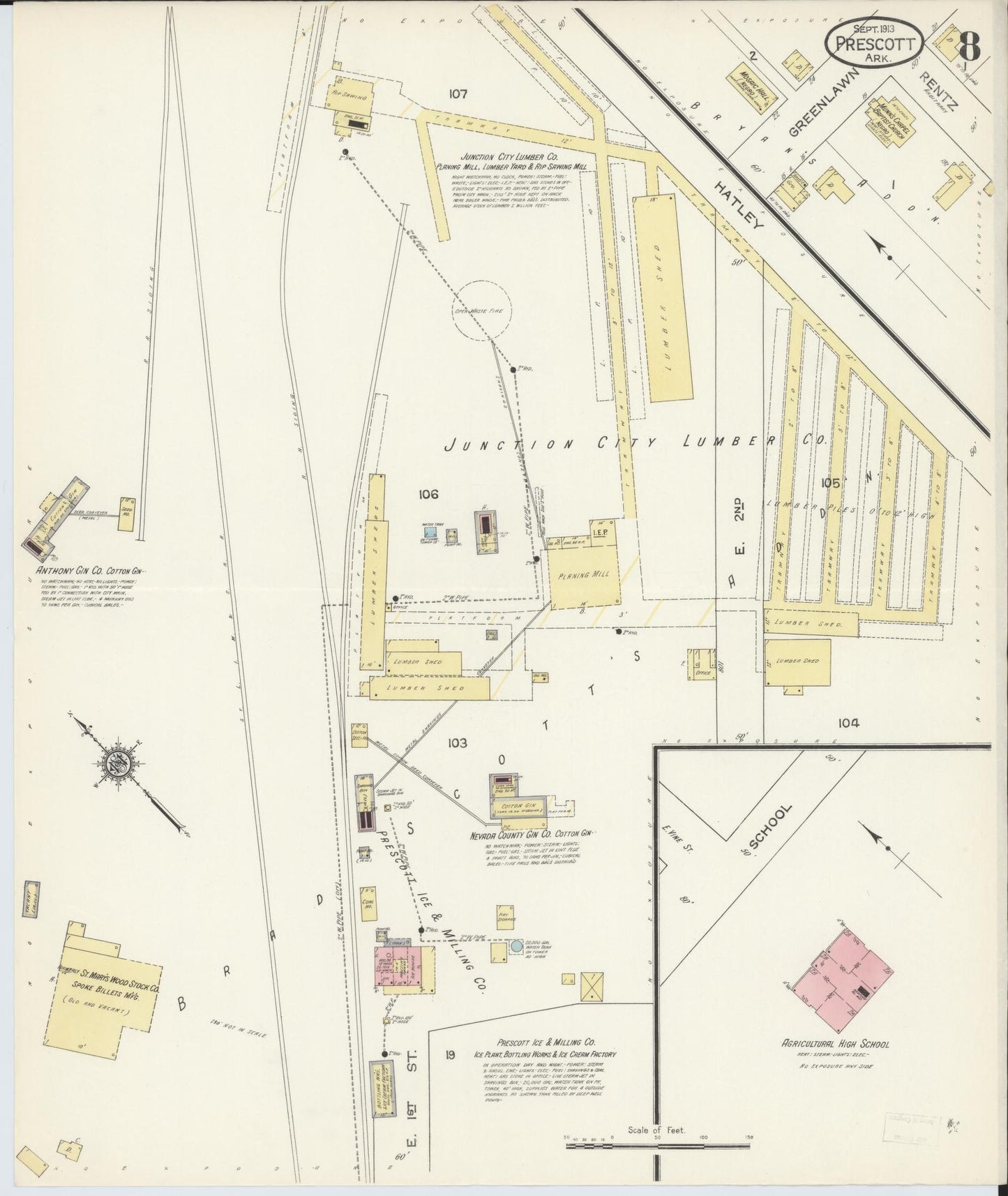 Sanborn Fire Insurance Map from Prescott, Nevada County, Arkansas (1913), Sheet #0008 - Complete Map Set gallery image, historic Sanborn map, vintage wall art, Arkansas Arkansas